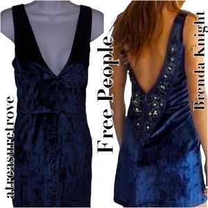 Free People x Brenda Knight Sm Blue Velvet Embellished V-Neck Sheath Mini Dress